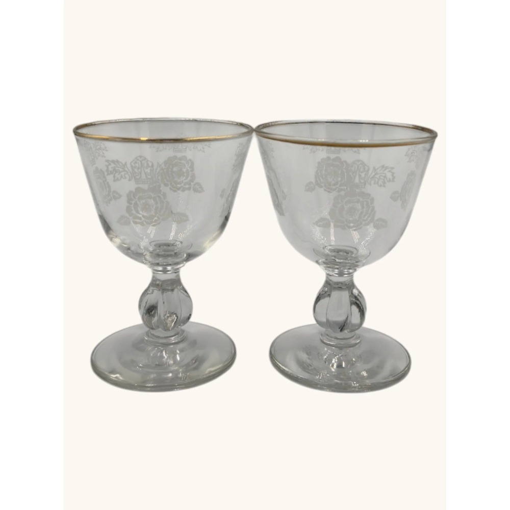 Vintage Etched Glass Wine Goblets Rose Floral Gold Rim Set of 2 Clear Stemware